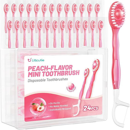 24 Pack 5-in-1 Disposable Toothbrushes with Toothpaste, Floss, Pick & Tongue Scraper, Portable Mini Toothbrush Travel Set for Kids Adults, Individually Wrapped, Work Camping, Peach Flavor