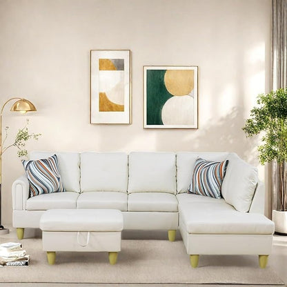 Sectional Couch with Ottoman Storage, L Shaped Sofa Furniture Sets, Modern Modular Comfy Sofa for Living Room Bedroom, White