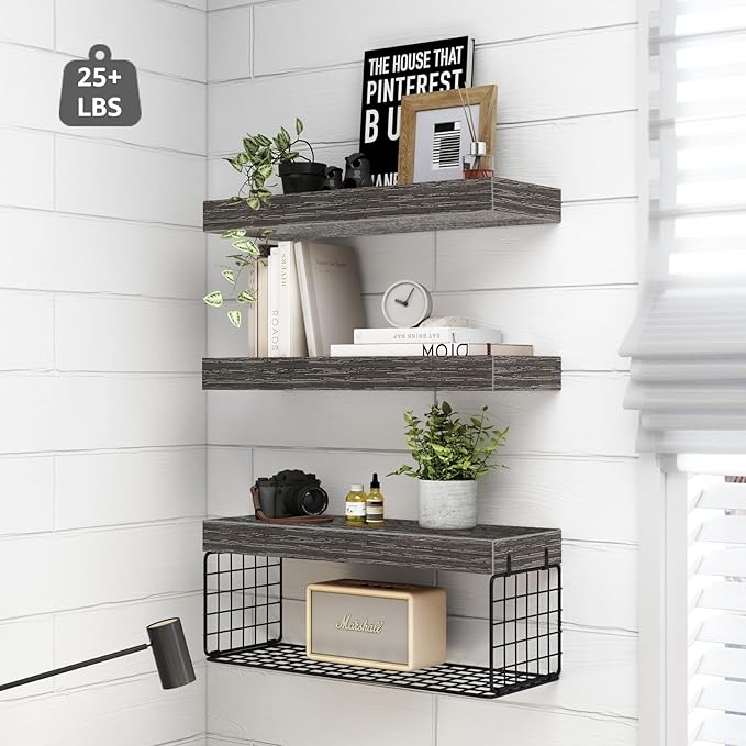 QEEIG Bathroom Shelves Over Toilet - Wall Mounted Floating Shelves Toilet Paper Storage Small Farmhouse Decor Shelf 16 inch Set of 3, Grey (019-GY3)