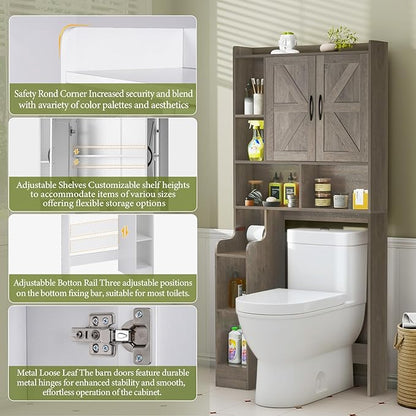 Over The Toilet Storage Cabinet with Barn Doors, Rustic Bathroom Organizer, Space-Saving Shelf for Laundry, Grey