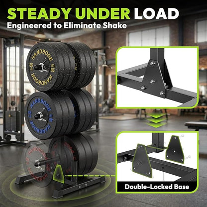 HANDBODE Weight Plate Rack with Barbell Storage, 6-Peg Vertical Holder for 1 or 2-Inch Plates, Heavy Duty 1100 lbs Capacity for Home Gym Organization
