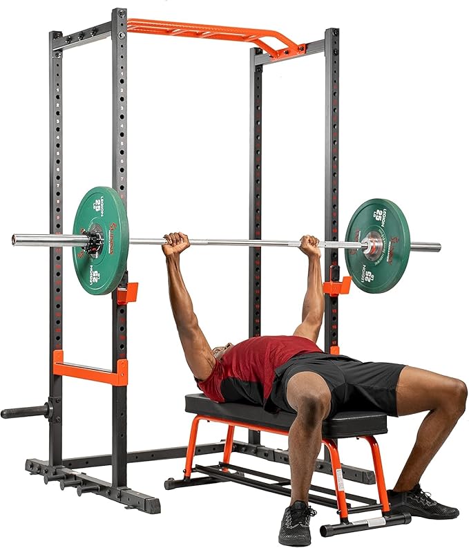 Sunny Health & Fitness Power Zone Strength Rack Power Cage - 1000 LB Weight Capacity, Spotter Bar, Angled Pull-Up Bar, J-Hooks, Resistance Band Pins, Optional LAT Pull Down