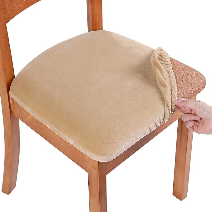 Smiry Velvet Seat Covers for Dining Room Chair Set of 2, Stretch Fit Removable Washable Chair Seat Cushion Protector Slipcovers with Ties, Beige