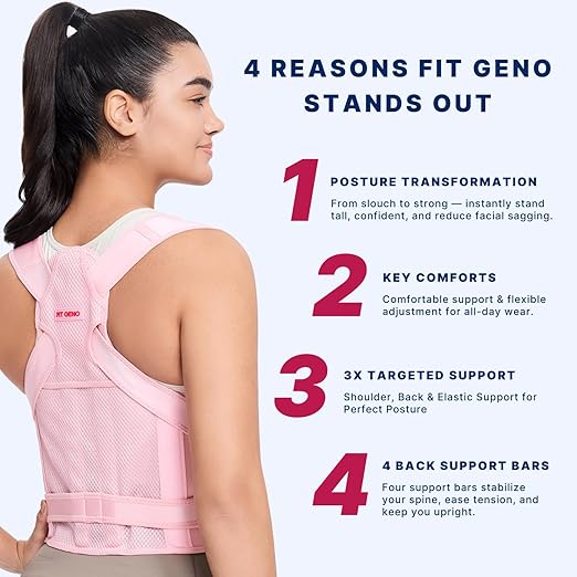 Fit Geno Back Brace Posture Corrector for Women and Men, Shoulder Straightener, Adjustable Full Back Support, Upper and Lower Back Pain Relief - Scoliosis, Hunchback, Hump, Thoracic, Spine Corrector