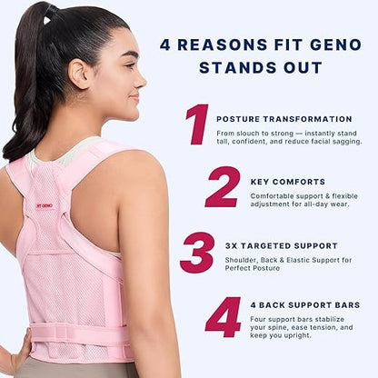Fit Geno Back Brace Posture Corrector for Women and Men, Shoulder Straightener, Adjustable Full Back Support, Upper and Lower Back Pain Relief - Scoliosis, Hunchback, Hump, Thoracic, Spine Corrector