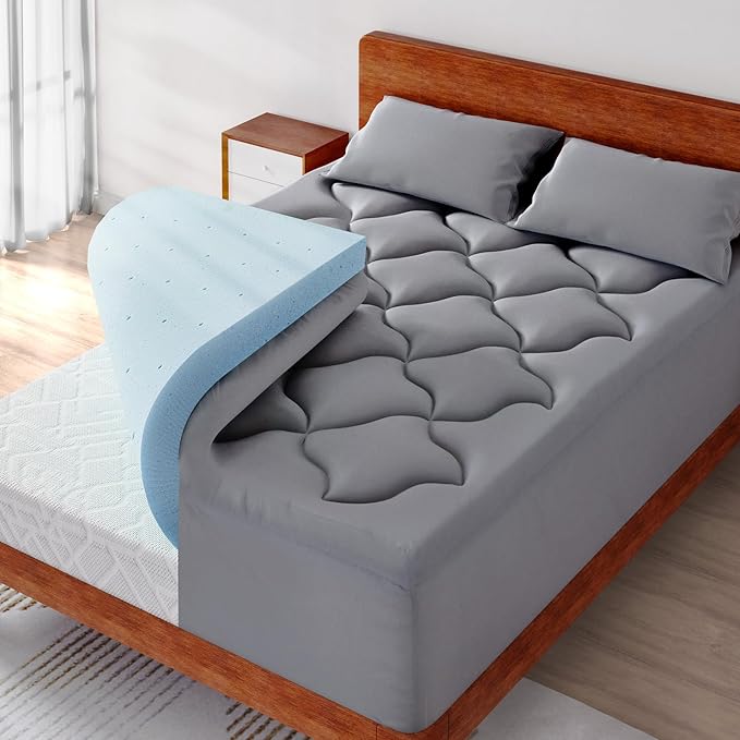 4 Inch Pillow Top Memory Foam Mattress Topper Queen, Dual Layer 2 Inch Gel Memory Foam Plus 2 Inch Pillow Top Cover, Grey