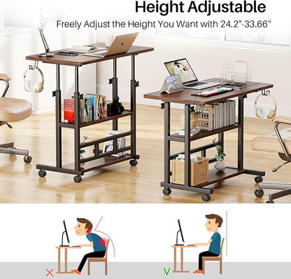 Adjustable Height Standing Desk, Rolling Stand Up Desk with Storage Shelves, 31.5" Small Mobile Computer Desk, Portable Laptop Table (Simple Brown)