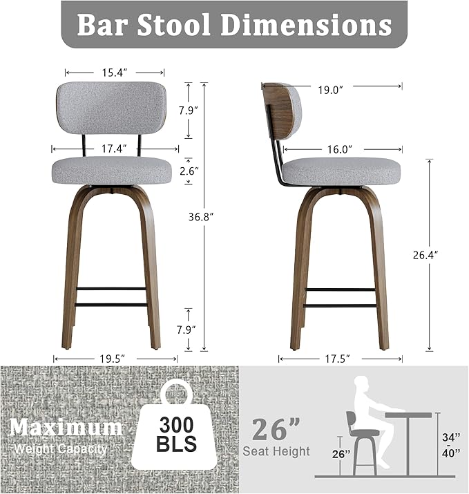 Swivel Counter Height Bar Stools with Back Set of 2, 26" Fabric Upholstered Kitchen Bar Stools with Wood Legs and Metal Footrest for Kitchen Island (Grey Fabric)