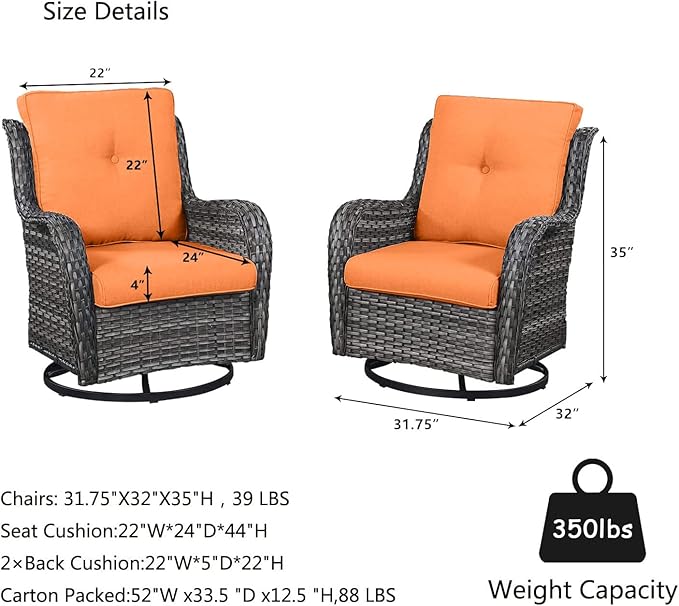 HUMMUH Outdoor Swivel Rocker Wicker Patio Chairs Set of 2, Rattan Rocking Chair Furniture Set(Grey,Orange)