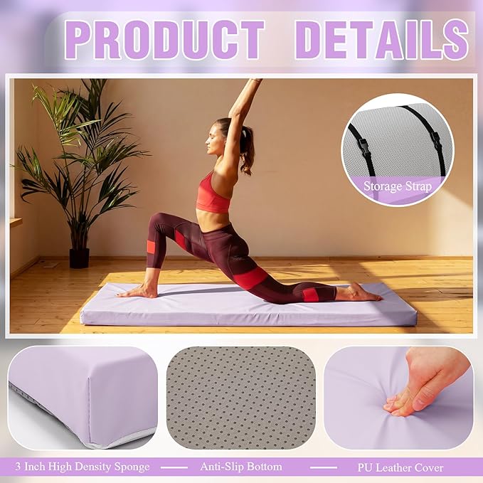 Lyrow 3 Inch 72"x 24" Thick Foldable Yoga Mat with Carry Strap, Non-slip Portable Foam Gym Mat for Yoga, Pilates and Stretching
