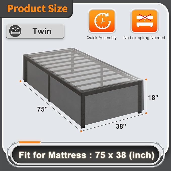 18 Inch Twin Bed Frames with Black Bed Cover, Metal Twin Size Bed Frame No Box Spring Needed, Heavy Duty Mattress Foundation, Easy Assembly, Noise Free