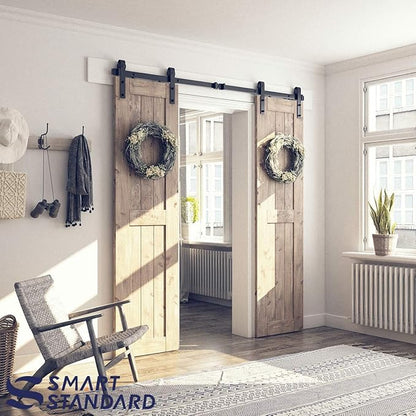 SMARTSTANDARD 6.6 FT Double Barn Door Hardware Kit, Sliding Door Track-Smoothly and Quietly -Includes Detailed Installation Fit 20" Wide Doorpanel (J Shape Hanger) Black
