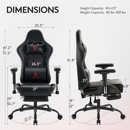 Gaming Chair,Computer Office Chair with Footrest,Massage Lumbar Support and Gel Pad,Ergonomic Reclining Leather Gamer Chair with Headrest,Adjustable Armrests and Spring Cushion Black Red