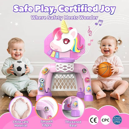 Toddler Basketball Hoop & Soccer Goal， Baby Toy for 1 2 3 Year Old Girls, Kids Activity Center Toys with Light & Music,Unicorn Toys for Girls 12-18-36 Months, Christmas Birthday Gifts for Ages 1-3