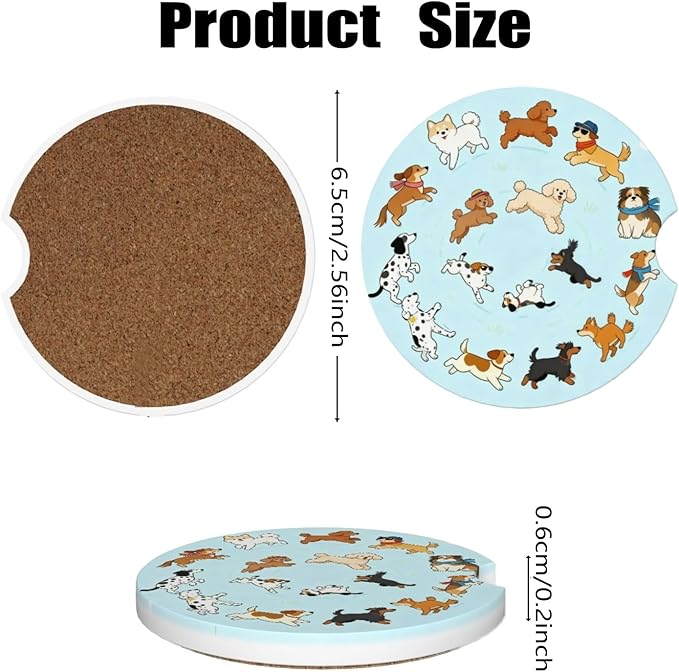 Car Cup Holder Coasters, 2 Pcs Ceramic Coasters with Finger Slot and Cork Back, Anti-Slip Shock Absorbing Women and Men Universal Car Accessories - Cute Dog Circle