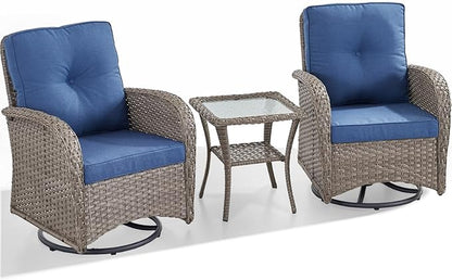 HUMMUH 3 Piece Outdoor Rocking Chairs Bistro Set-All Weather Wicker Outdoor Swivel Chairs Set of 2 with Side Table Small Patio Furniture Set for Deck Lawn Porch Balcony Poolside-Grey/Blue