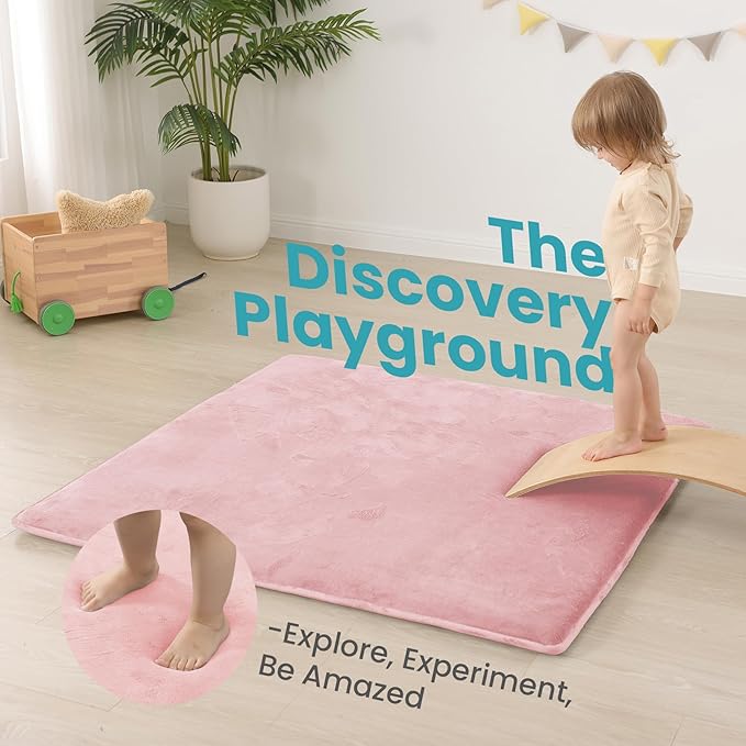 Huloo Sleep Baby Play Mat for Floor,1.3" Thick Elasti-Foam 50"×50" Playpen Mat for Tummy Time,Water Repellent Soft Coral Velvet for Toddler,Infant,Kids,Non-Slip Backing Safe for Crawling(Pink)