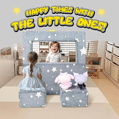 MeMoreCool Modular Kids Play Couch Sofa – Glow in The Dark Star Design, Fold-Out Toddler Couch for Playroom Furniture, Grey