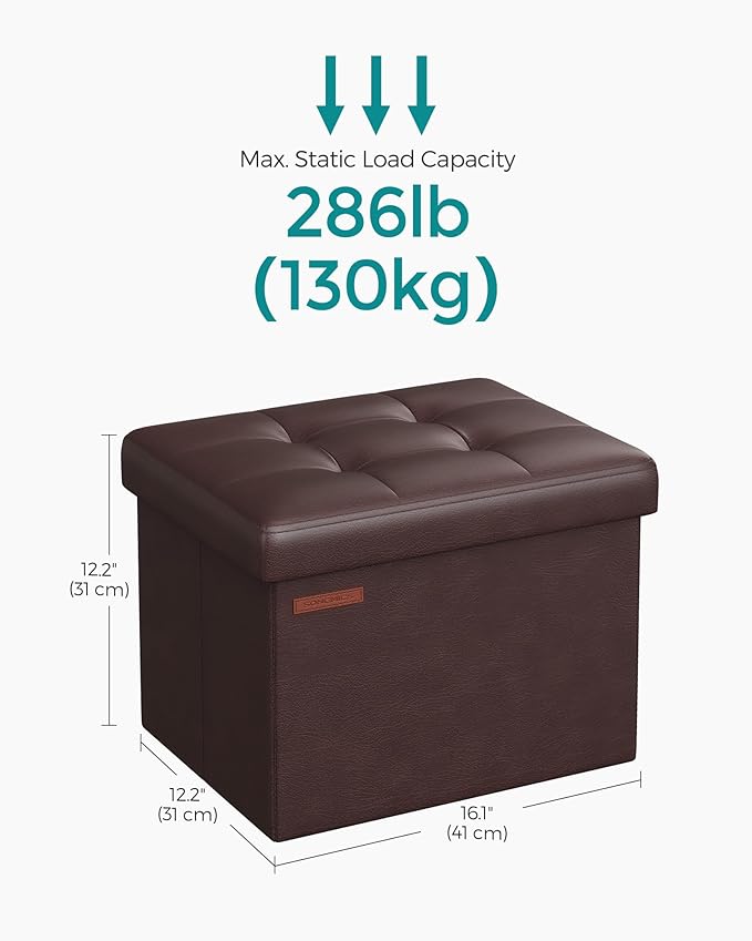 SONGMICS Small Folding Storage Ottoman, Foot Rest Stool, Cube Footrest, Synthetic Leather, 12.2 x 16.1 x 12.2 Inches, 286 lb Capacity, for Living Room, Bedroom, Dorm, Chestnut Brown ULSF100K02