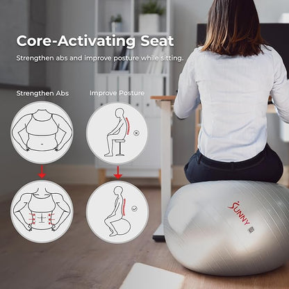Sunny Health & Fitness Premium Anti-Burst Exercise Balls for Core Strength, Yoga, Pilates, Barre, Physical Therapy, Balance, Flexibility Non-Slip & Odorless