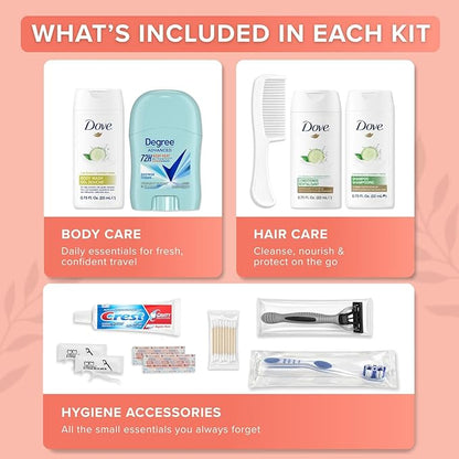 TrekTote Womens Bulk Travel Hygiene Kits 12 Piece, Travel Size Toiletries Set with Cosmetic Bag, Bulk Case Pack Pre Assembled Care Kits