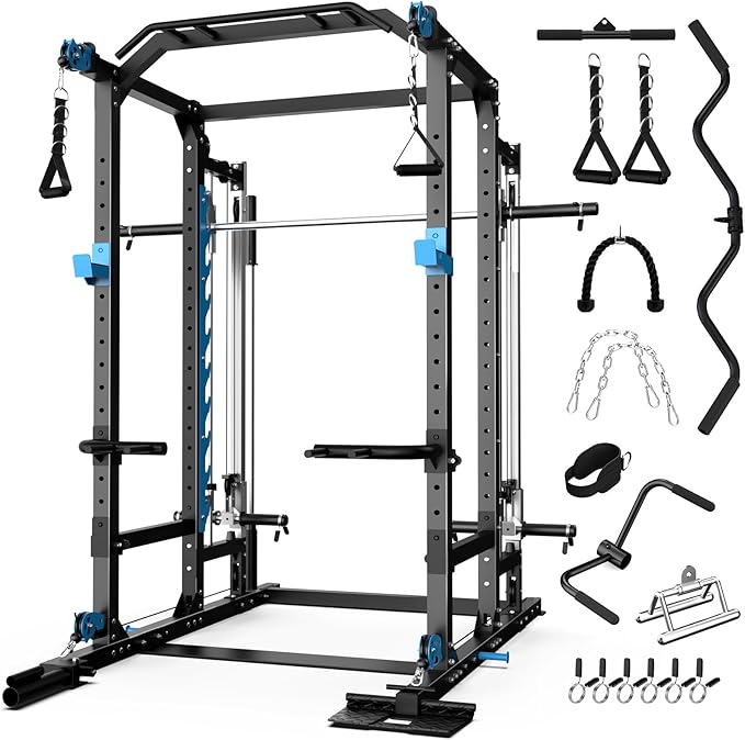 ULTRA FUEGO Power Cage with Cable Crossover/Smith Machine System LAT-Pull Down System Power Rack Squat Rack Training Attachments for Home Gym