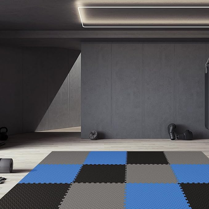 Fitvids Puzzle Exercise Gym Flooring Mat, 1" Thick High-Density EVA Interlocking Tiles Workout Mat for Home Gym, Fitness Equipment, MMA, Gymnastics, 6-Piece Shock-Absorbing Exercise Mat (24 Sq Ft)