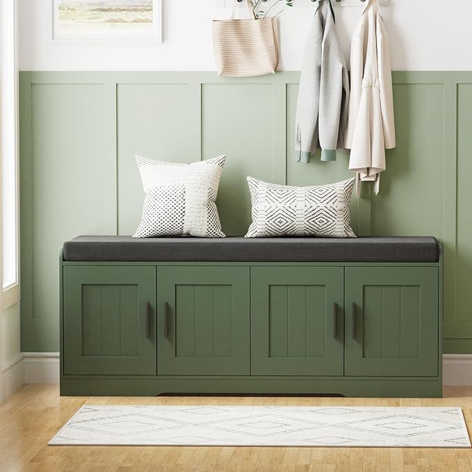 2-Tier Storage Bench, Shoe Bench with Thickened Padded Seat Cushion, Entryway Bench with 4 Doors, Adjustable Shelf, 13.8" D x 45.3" W x 18.5" H, for Entryway, Living Room, Bedroom, Green