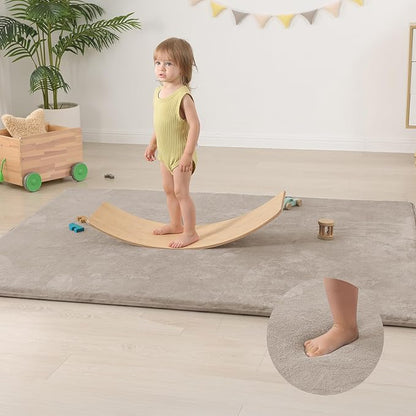 Huloo Sleep Baby Play Mat for Floor,1.3" Thick Elasti-Foam 50"×74" Playpen Mat for Tummy Time,Water Repellent Soft Coral Velvet for Toddler,Infant,Kids,Non-Slip Backing Safe for Crawling(Beige)