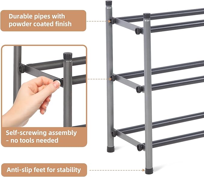 STORAGE MANIAC Expandable Shoe Rack, 12 Pairs Stackable Small Shoe Rack, Metal Adjustable Shoes Organizer for Closet, Entryway, Hallway, Garage, Front Door, Shoes Shelves, Black 3 Tier