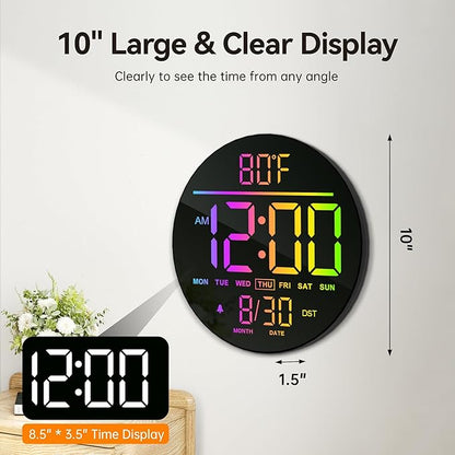 JALL 10" Large Digital Wall Clock with Seconds, Alarm Countdown Timer, Big LED Display, RGB Color, DST, Temperature, Mounted for Bedroom Living Room Office Classroom Gym, Xmas Birthday Gift, RGB