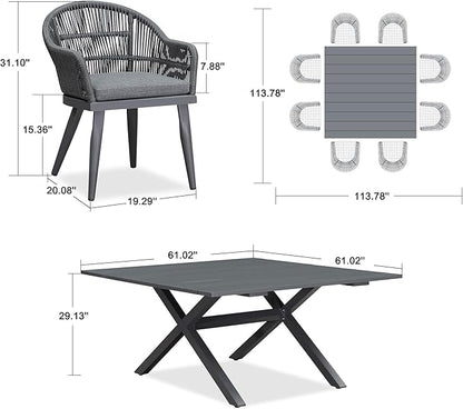 PURPLE LEAF 9 Pieces Patio Dining Set with Outdoor Aluminium Square Dining Table and Woven Rattan Chairs Modern Metal Furniture Cushions Sets for Garden Yard Indoor Decor Kitchen Grey