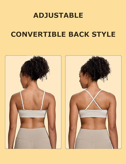 Oalka V Neck Sports Bra for Women Adjustable Padded Thin Straps Wireless Yoga Bras