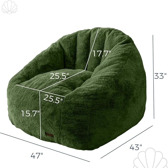 MAXYOYO Giant Bean Bag Chair, Oversized Bean Bag Couch for Adults and Kids, Faux Fur Shell-Shaped Large Chair with Filler, Stuffed Big Accent Sofa Floor Sofa for Gaming, Reading, Green