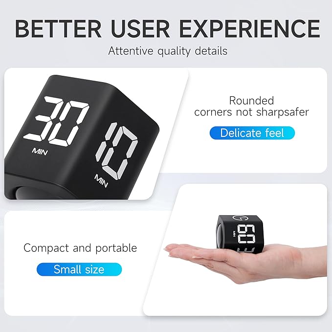 Productivity Timer 1, 5, 10, 30, 60 Minutes Preset, Desk Cube Timer with Gravity Sensor/Mute/Vibration for ADHD, Work, Study, Kitchen, Back to School (Black)