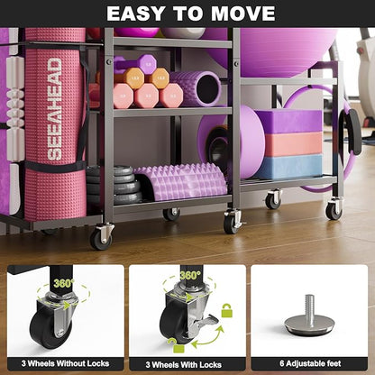 6-Tier Home Gym Storage Rack with Wheels, Dumbbell Weight Rack and Yoga Mat Organizer, Multi-Purpose Gym Equipment Storage Stand for Home Gym Accessories