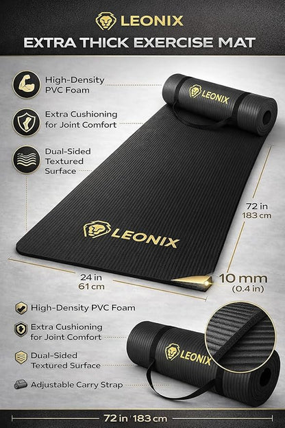Thick Yoga Mat 10mm Non-Slip Exercise Mat for Home Gym – Extra Cushion Workout Mat for Women & Men, Anti-Tear, Comfort Knee Support – Leonix