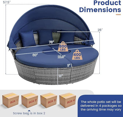 COSTWAY Patio Round Daybed with Retractable Canopy, Wicker Furniture Sectional Couch with Separate Cushioned Seats, Adjustable Table Top, Patio Rattan Daybed Set for Patio, Backyard, Poolside (Navy)