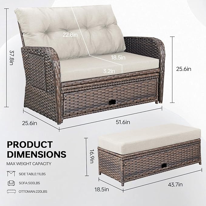 Patio Rattan Daybed, Wicker Recliner Loveseat for Two with Multifunctional Recliner and Stowable Side Tray, 5 Level Adjustable Backrest Brown Beige