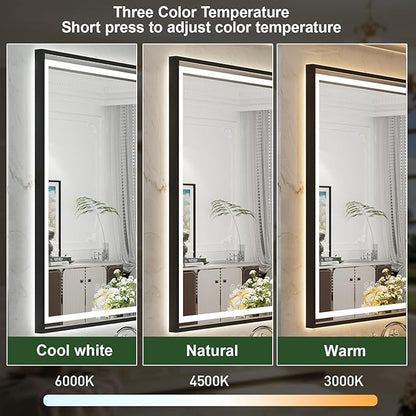 LED Bathroom Mirror, 20x28 Inch Frontlit & Backlit Black Framed Lighted Mirror,Wall Mouted Vanity with Lights,Double Lights Strips,Anti Fog Stepless 3 Colors Temperature & Dimmable