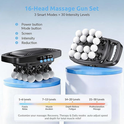 16 Head Massage Gun Deep Tissue, Percussion Massager with 3 Modes 30 Levels Quiet Powerful Motor for Muscle Recovery Pain Relief Back Neck Shoulders Home Gym Office