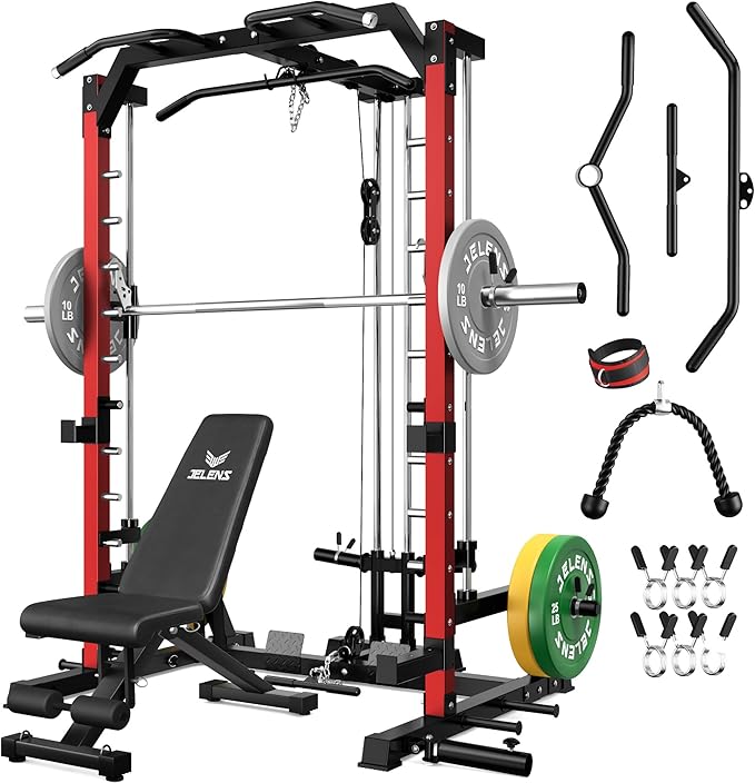 JELENS SR01 Smith Machine, 2000LBS Multi-Function Power Cage with LAT Pulldown System, All-in-One Home Gym Squat Rack with Smith Bar and Training Attachments for Full Body Workouts