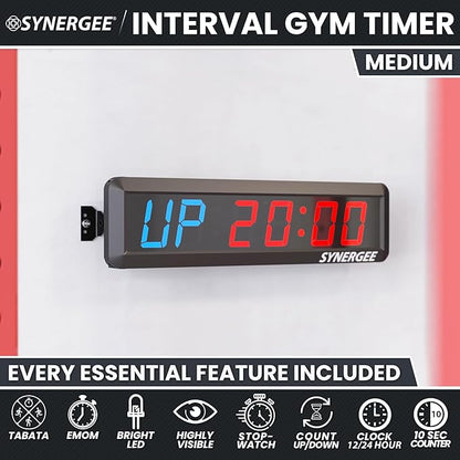 Synergee 16.5' Workout Interval Timer. Programmable Wall Mounted Gym Timer with Wireless Remote. Tabata EMOTM Stopwatch Count Up/Down MMA Clock