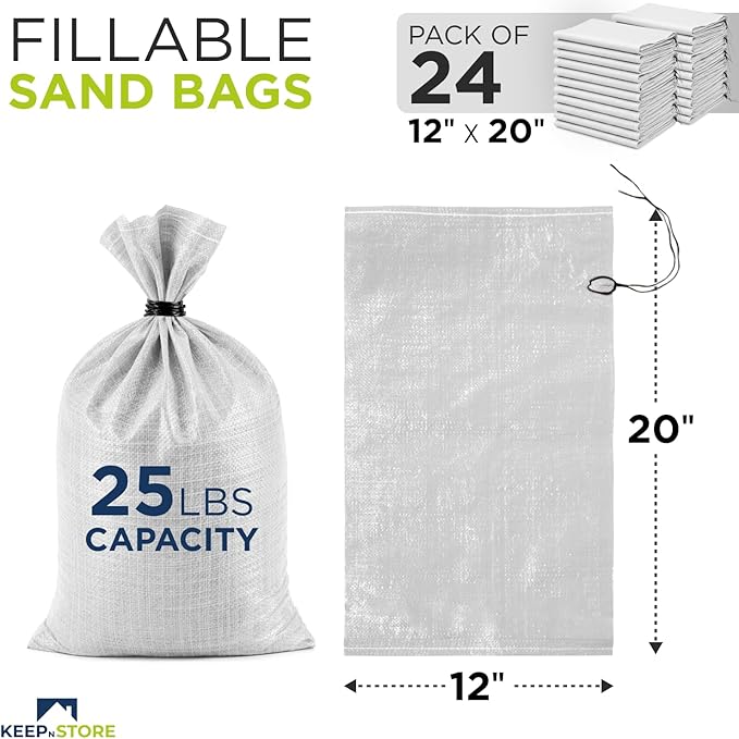 Heavy Duty Sand Bags Pack of 24, White Empty Sandbags with Built-In Ties, Woven Polypropylene UV Protection 1600 Hours, Fillable Bags for Flood Control, Weight, 12x20 inches, 25 Pounds Volume