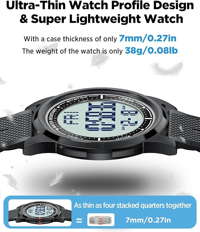 Beeasy Digital Watch for Men Women, 50M Waterproof, Ultra-Thin & Lightweight, 44mm Silicone Sports Watch with Alarm, Stopwatch, Countdown, Ideal for Gym, Running, School, Daily Wear