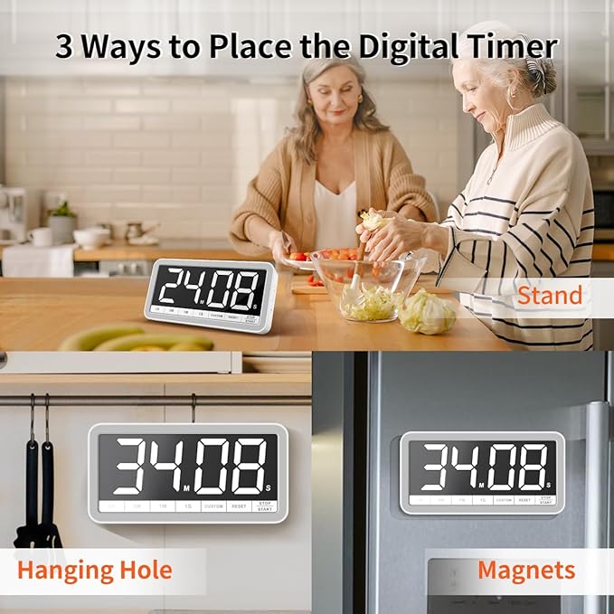 VOCOO Digital Kitchen Timer with 7.8” Extra Large Display, Magnetic, LED with 3 Brightness, 4 Alarms and 3 Volume Levels, Battery Countdown Count Up Timer for Cooking, Classroom, Home Gym (White)