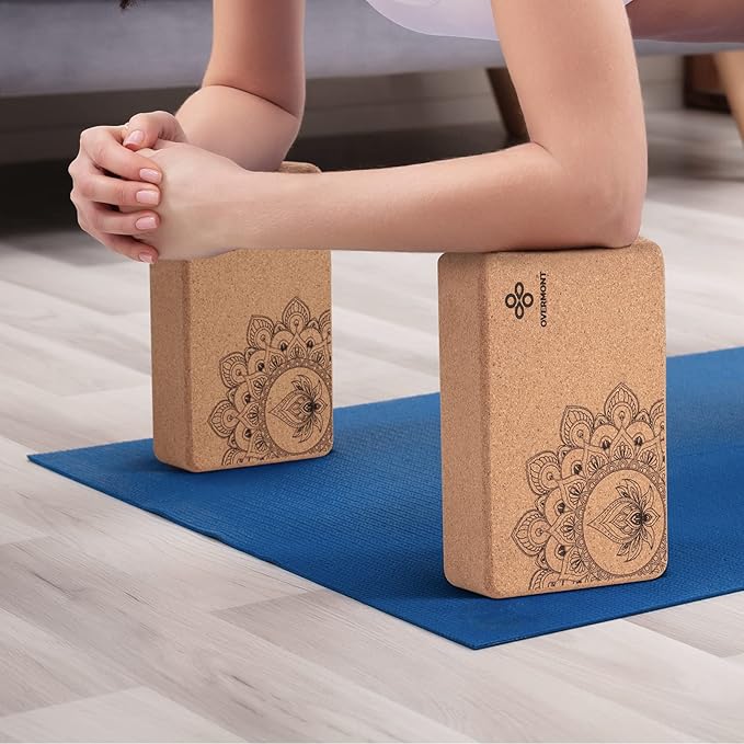 Overmont Cork Yoga Blocks 2 pack with 8ft Strap Natural Cork Bricks- High Density & Eco Friendly Yoga Accessories for Women - Ideal for Yoga Pilates General Fitness and Stretching 9x6x3''