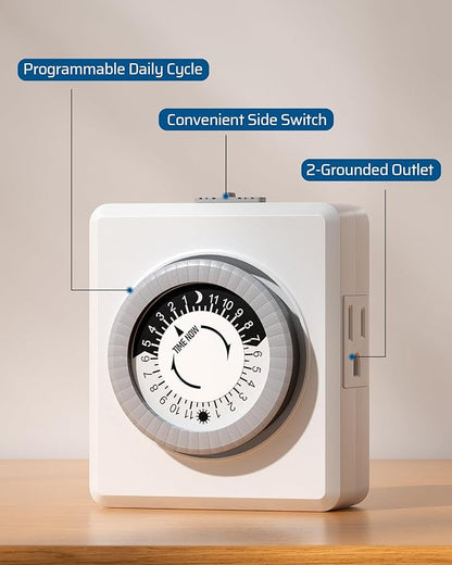 DEWENWILS24 Hour Cycle Plug-in Mechanical Timer, Indoor Timer for Electrical Outlets, 30-Minute Intervals, Dual 3 Prong Outlets, 125V 15A for Room Lights, Lamps, ETL Listed, 1 Pack