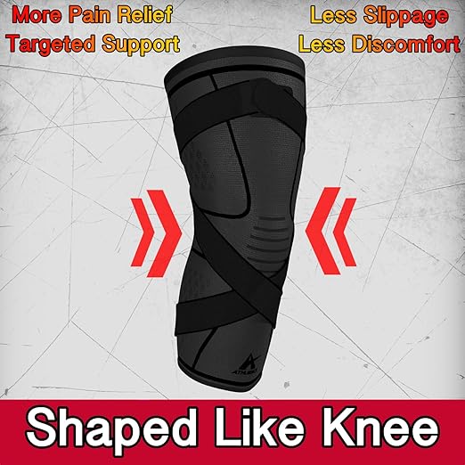 ATHLEDICT Knee Brace Compression Sleeve with Strap for Best Support & Pain Relief for Meniscus Tear, Arthritis, Running, Basketball, MCL, Jogging and Recovery for Men & Women (Black, Large)