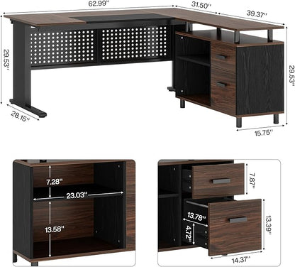 Tribesigns 63 Inch Executive Desk with File Cabinet, Large Office Desk L Shaped Computer Desk with Drawers and Storage Shelves, Business Furniture Desk for Home Office, Dark Walnut and Black